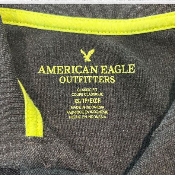 American Eagle Polo Shirt XS Classic Fit Gray Neon Green Logo Preppy Retro 2010 - Picture 6 of 8